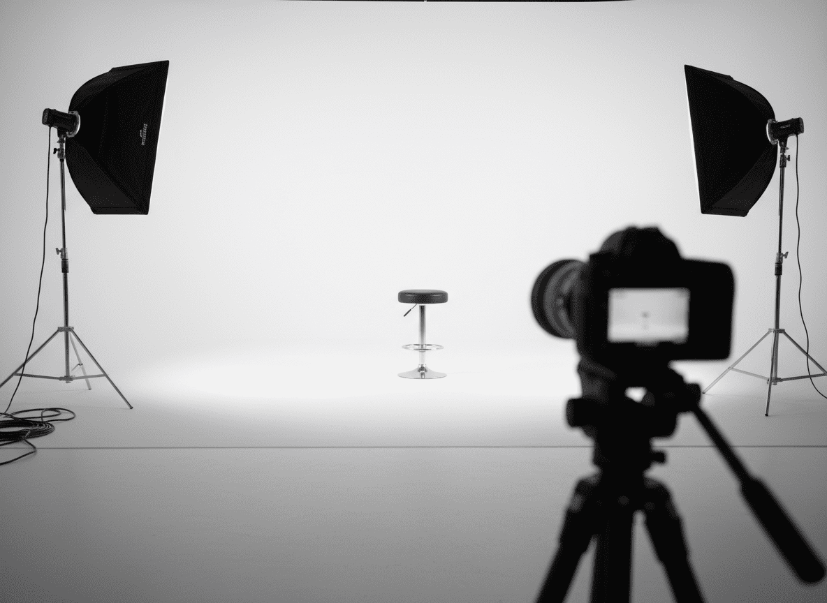 A dramatic, empty photography studio set featuring a seamless white backdrop curving smoothly into the floor, flanked by two tall black softbox lights on adjustable stands. In the center of the set stands a single modern stool with a chrome base and upholstered black leather seat, its surface catching a subtle glint from the key light. Cables are neatly coiled along the side, and a high-end DSLR camera on a sturdy tripod sits in the foreground slightly out of focus. Bright, diffused studio lighting creates a clean, shadow-softened environment, while the background remains pure and uncluttered. Captured from a slightly low angle with a shallow depth of field, the mood is anticipatory, professional, and cinematic, conveying the polished atmosphere of a top-tier modeling and casting shoot without showing any people.